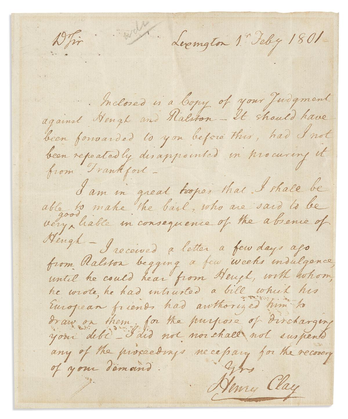 CLAY, HENRY. Autograph Letter Signed, to Baltimore merchant William Taylor (DrSir),